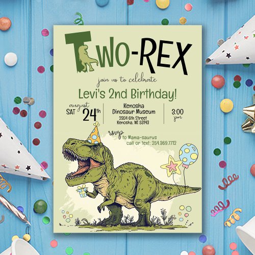 Two_Rex Cute Dinosaur Cartoon 2nd Birthday Party Invitation