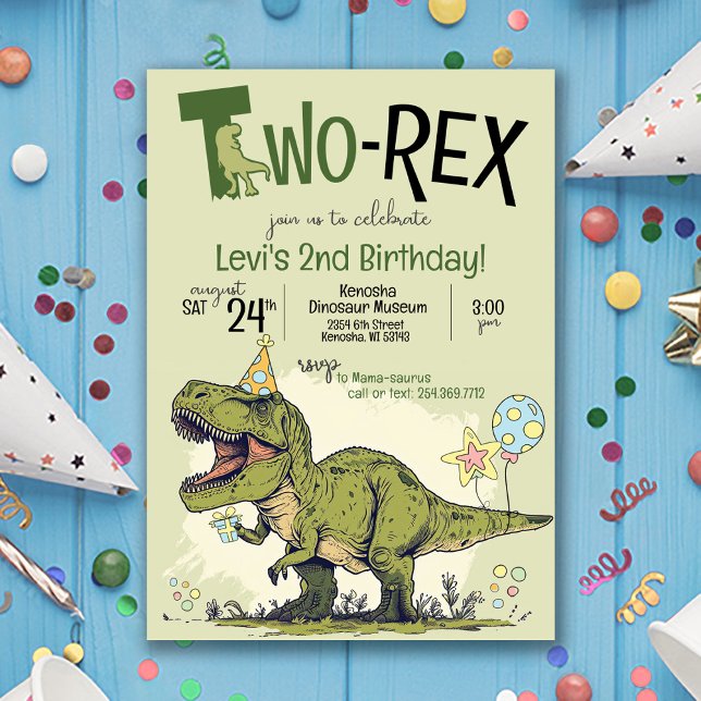 Two-Rex Cute Dinosaur Cartoon 2nd Birthday Party Invitation (Cute Cartoon T-Rex Dinosaur wearing birthday hat, Two-Rex 2nd birthday party invitation two-a-saurus)