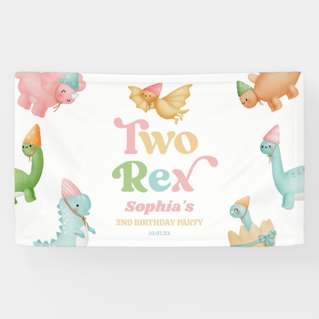 Two Rex Dinosaur 2nd Second Birthday Party Banner (Horizontal)