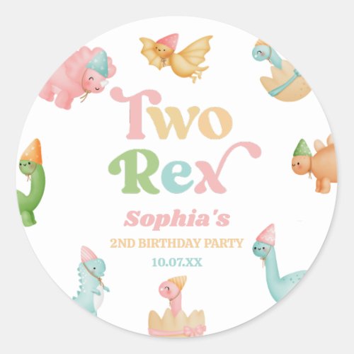 Two Rex Dinosaur 2nd Second Birthday Party Classic Round Sticker