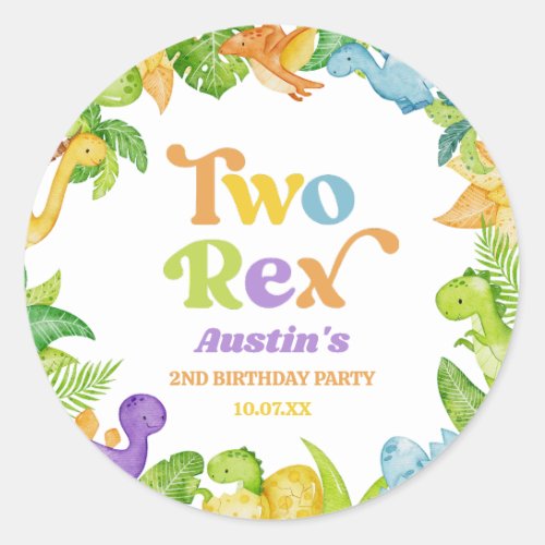 Two Rex Dinosaur 2nd Second Birthday Party Classic Round Sticker