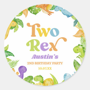 Two Rex Dinosaur 2nd Second Birthday Party Classic Round Sticker
