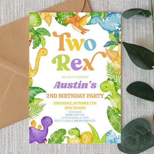 Two Rex Dinosaur 2nd Second Birthday Party Invitation