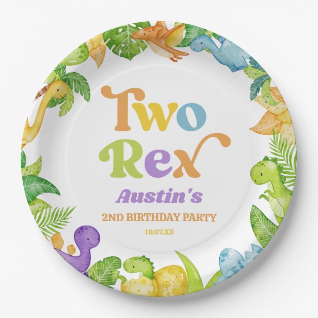Two Rex Dinosaur 2nd Second Birthday Party Paper Plates (Front)