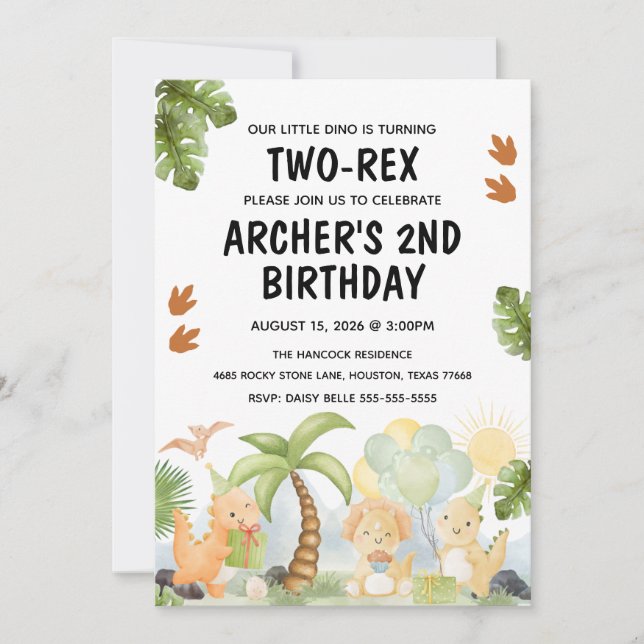 Two-Rex Dinosaur Birthday  Invitation (Front)
