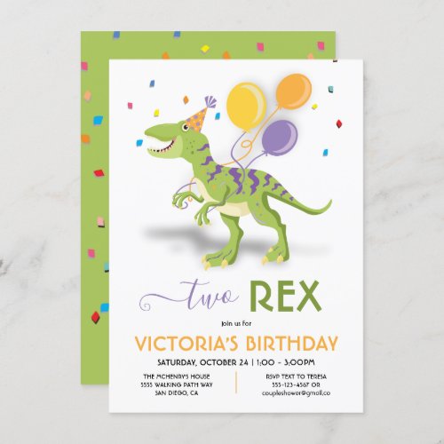 Two Rex Dinosaur Birthday Party Invitation