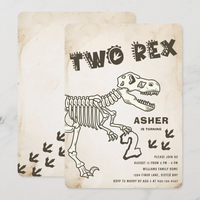 Two Rex Dinosaur Birthday Party Invitation (Front/Back)