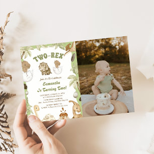 Two Rex Dinosaur Boy 2nd Birthday Party Photo Invitation