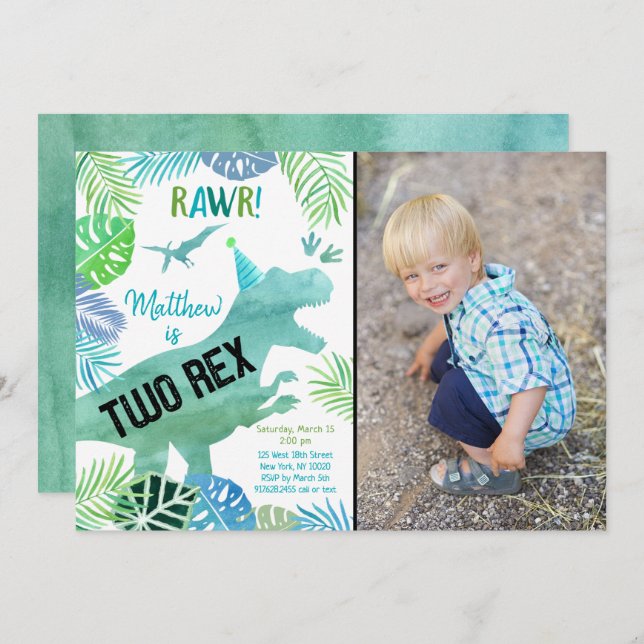 Two Rex Dinosaur Greenery Birthday Invitation (Front/Back)