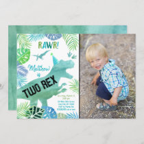 Two Rex Dinosaur Greenery Birthday Invitation