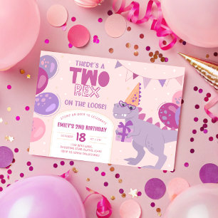 Two Rex Girl Birthday Invitation. Dino 2nd Invite. Invitation