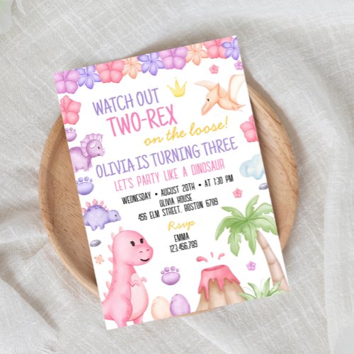 Two_Rex Girl Dinosaur Birthday Invitation