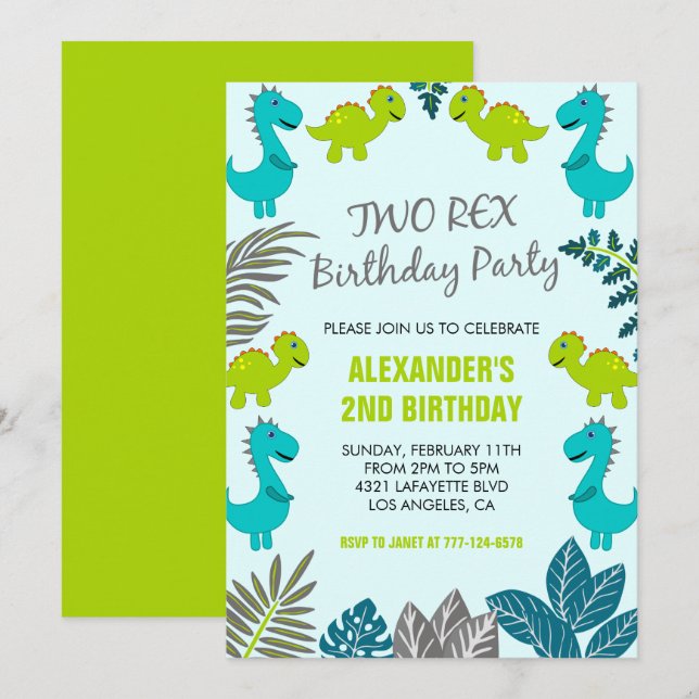 Two rex party boy 2nd dinosaur birthday invitation (Front/Back)