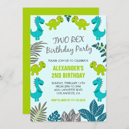 Two rex party boy 2nd dinosaur birthday invitation