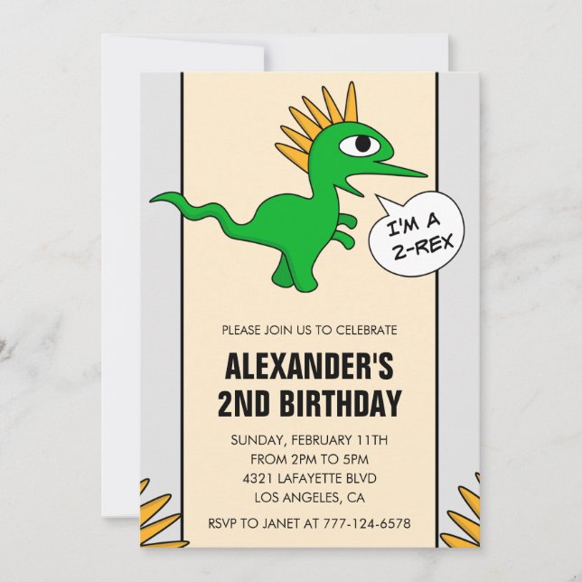 Two rex party boy dinosaur birthday invitations (Front)