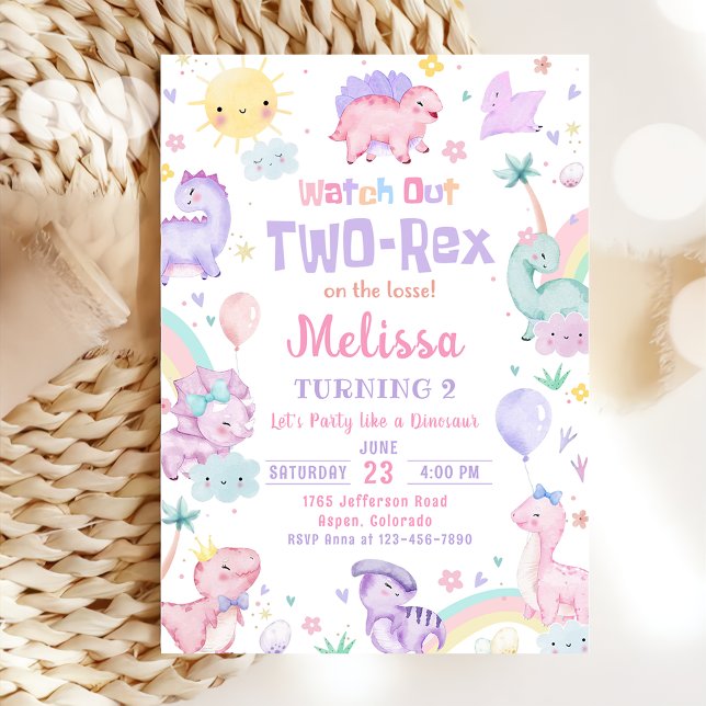 Two Rex Pink Dinosaur 2nd Birthday Party Invitation (Creator Uploaded)