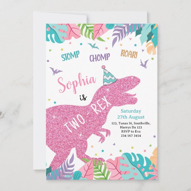 Two-Rex Pink Dinosaur Girl 2nd Birthday Invitation (Front)