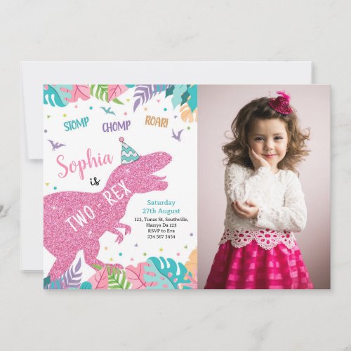 Two_Rex Pink Dinosaur Girl 2nd Birthday Invitation