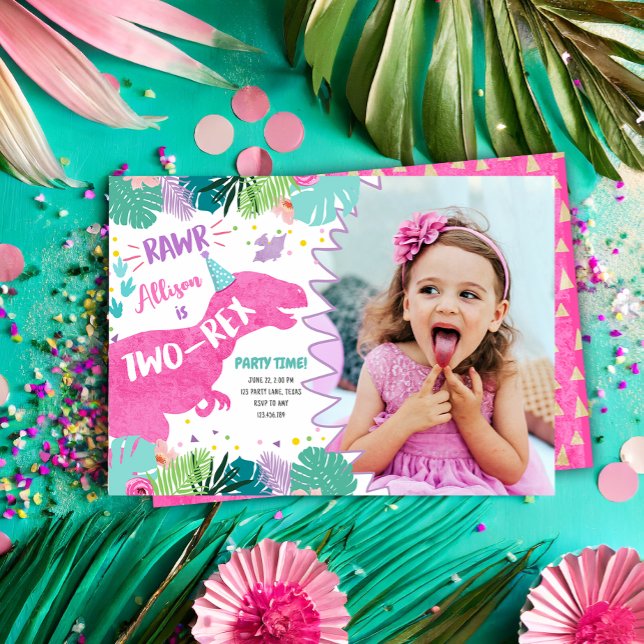 Two-Rex Pink Dinosaur Girl 2nd Second Birthday Invitation (Creator Uploaded)