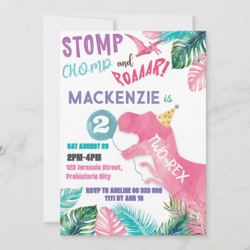 Two_Rex Pink Girl Dinosaur 2nd Second Birthday Invitation