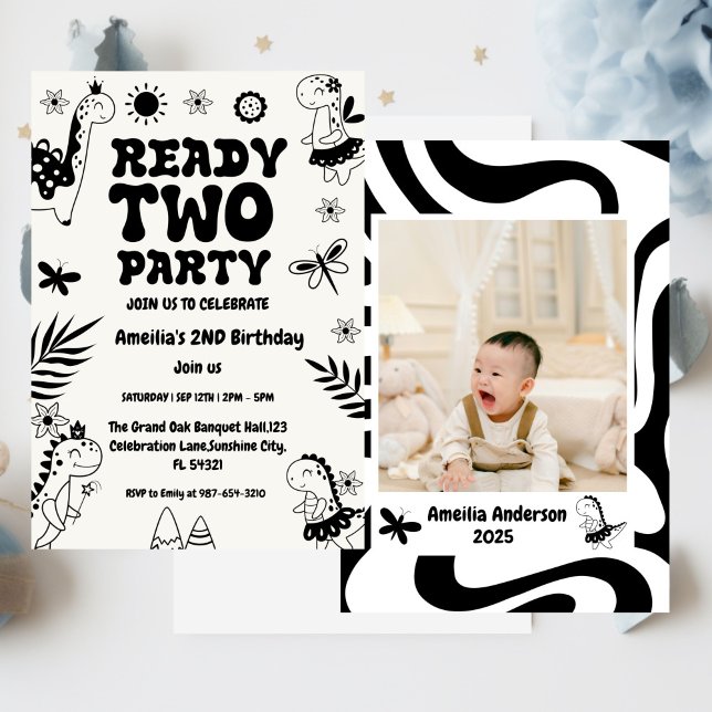 Two Rex Ready dinosaur, girl Second Birthday Party Invitation (Creator Uploaded)