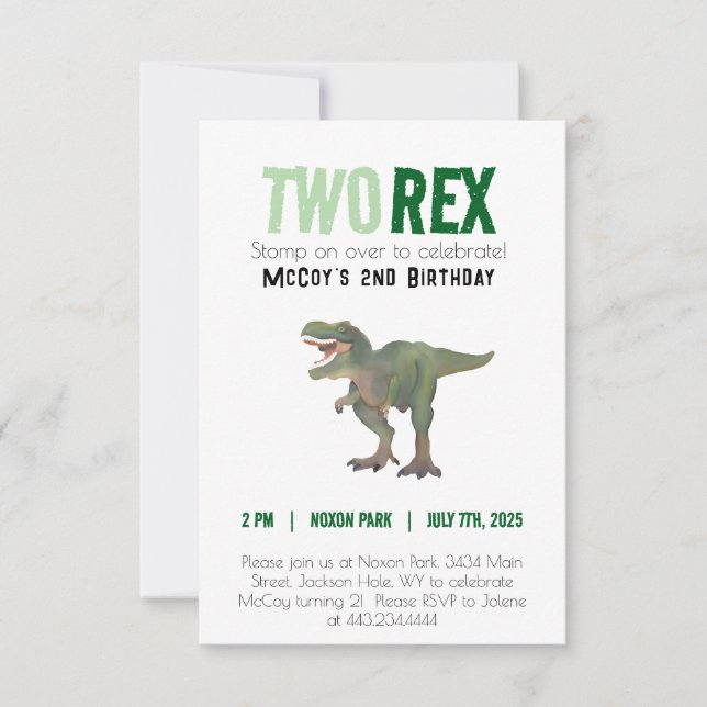 Two Rex Trex Dinosaur Birthday Invitation 2 years (Front)
