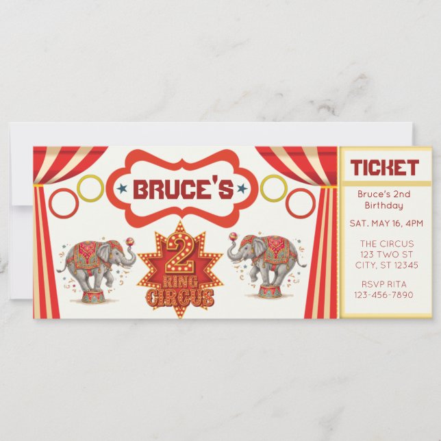Two Ring Circus, 2nd Birthday Ticket Invitation (Front)
