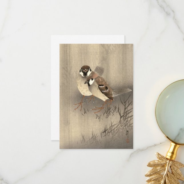 Two Ring Sparrows in the Rain by Ohara Koson Thank You Card (Front/Back In Situ)