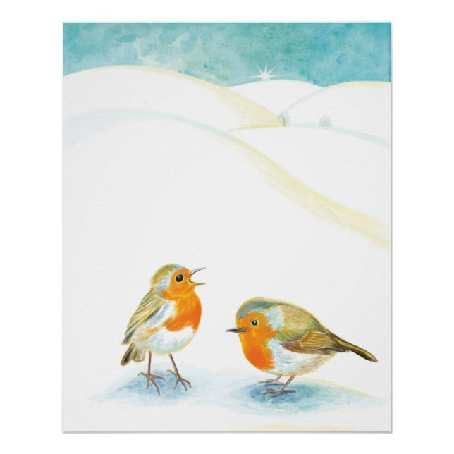 Two Robin redbreasts in Winter Poster (Front)