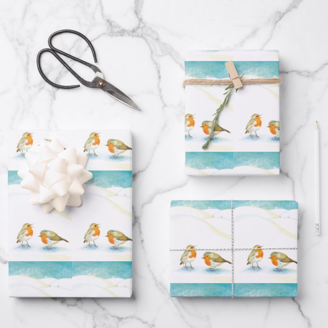 Two Robin redbreasts in Winter Wrapping Paper Sheets (Front)