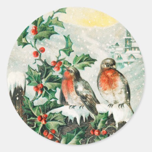Two robins on a fence in the snow classic round sticker