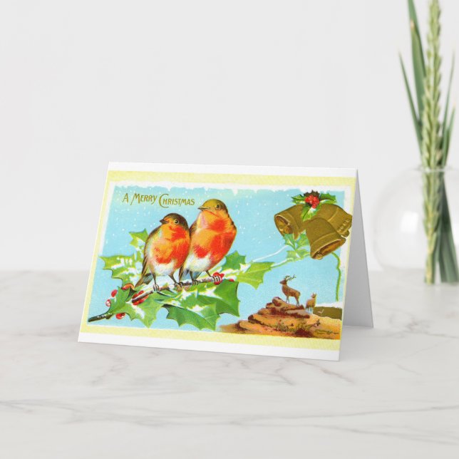 Two robins on holly holiday card (Front)