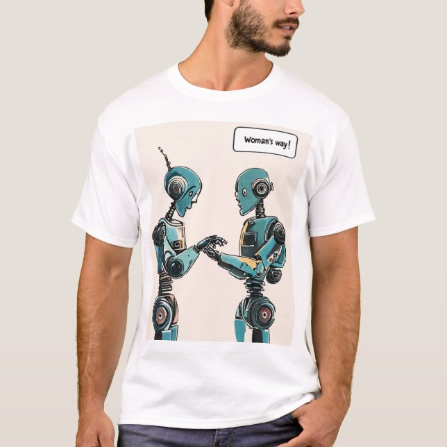 Two robots facing each other, one writing a greeti T-Shirt (Front)