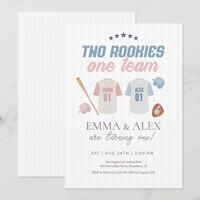 Two Rookies One Team Baseball Sibling Birthday Invitation (Front/Back)