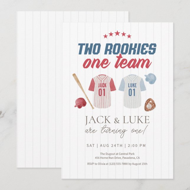 Two Rookies One Team Baseball Twin Brother  Invitation (Front/Back)
