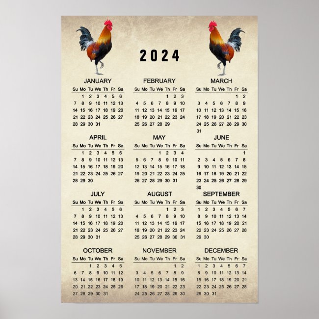 Two Roosters 2024 Calendar Poster