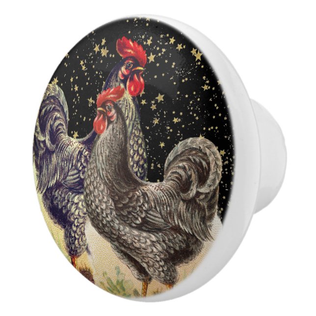 Two Roosters Black Gold Stars Ceramic Knob (Right)