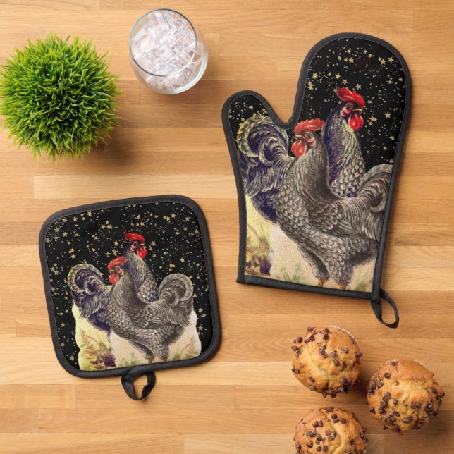 Two Roosters Black Gold Stars Oven Mitt & Pot Holder Set (Top Down)