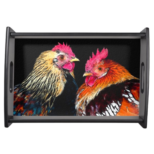 Two Roosters on black background serving tray (Front)