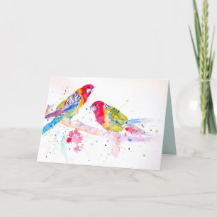 Two Rosella Parrots Watercolour on a Branch Card