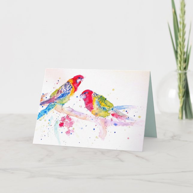 Two Rosella Parrots Watercolour on a Branch Card (Front)