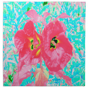 Two Rosy Red Coral Plum Crazy Hibiscus on Aqua Cloth Napkin
