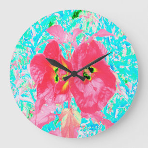 Two Rosy Red Coral Plum Crazy Hibiscus on Aqua Large Clock