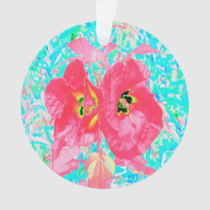 Two Rosy Red Coral Plum Crazy Hibiscus on Aqua Ornament