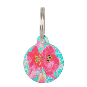 Two Rosy Red Coral Plum Crazy Hibiscus on Aqua Pet ID Tag