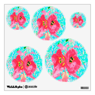 Two Rosy Red Coral Plum Crazy Hibiscus on Aqua Wall Decal