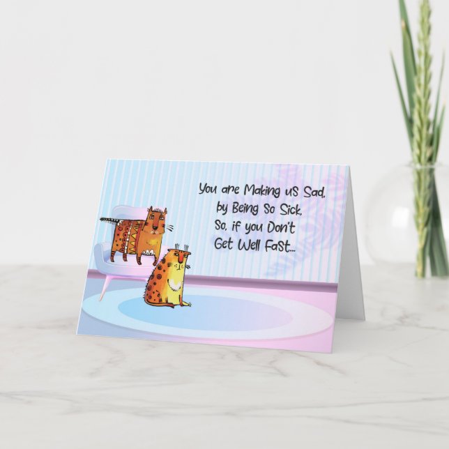 Two Sad Comical Cats, Because Child is Sick Card (Front)