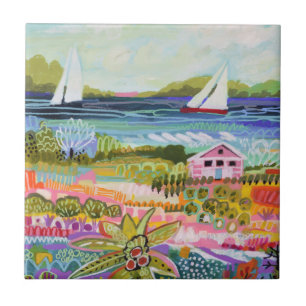 Two Sailboats and Cottage Ceramic Tile