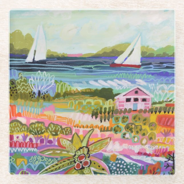 Two Sailboats and Cottage Glass Coaster (Front)