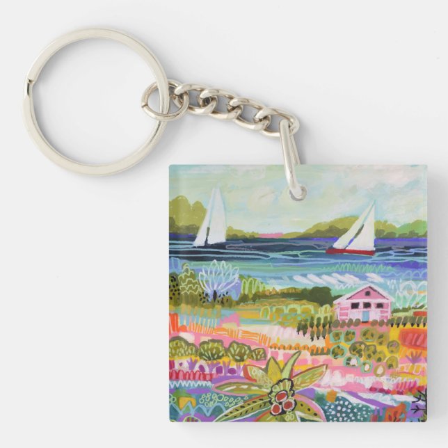 Two Sailboats and Cottage Keychain (Front)
